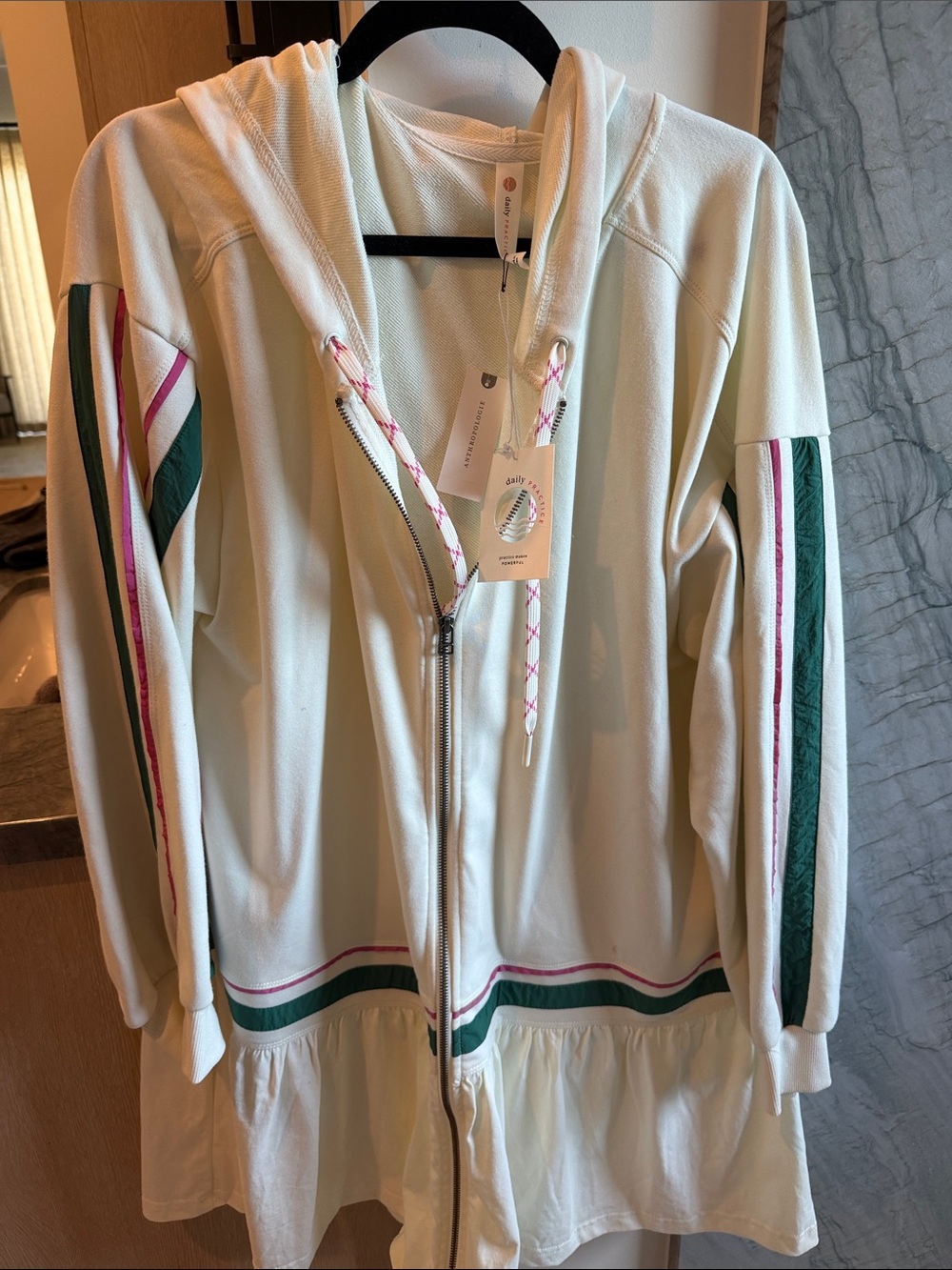 Cream Hooded Zip-Up Jacket with Green & Pink Stripe Trim